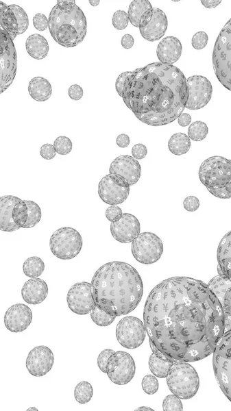 Bitcoin ekonomisk finansiell bubbla. kryptovaluta 3D-illustration. Affärsidé. Silver bubblor på vit bakgrund. Bit, mynt, gruvkoncept — Stockfoto