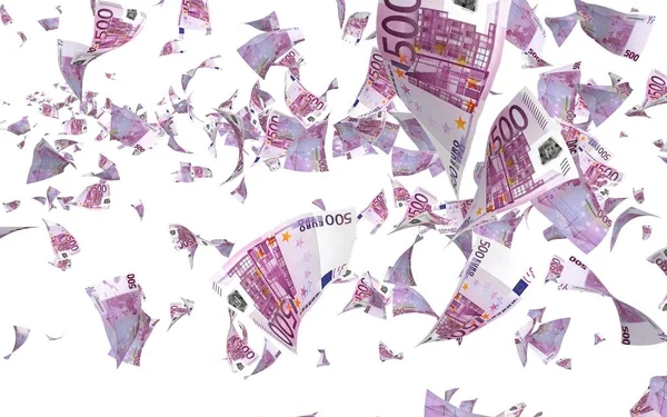 Fehér alapon izolált repülő eurobankjegyek. A pénz a levegőben repül. 500 EURO színben. 3D illusztráció — Stock Fotó