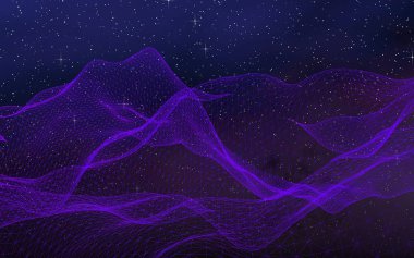 Karanlık bir arka plan üzerinde soyut ultraviyole manzara. Ultraviyole siber uzay şebekesi. merhaba teknoloji ağı. Uzay. Menekşe yıldızlı dış uzay dokusu. 3d illüstrasyon