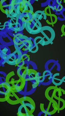 Koyu arka planda çok renkli yarı saydam dolar işaretleri. Yeşil tonları. 3d illüstrasyon