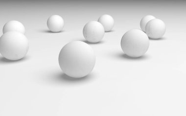 Beyaz soyut arka plan. Beyaz toplar beyaz arka planda izole edilmiş. 3B illüstrasyon