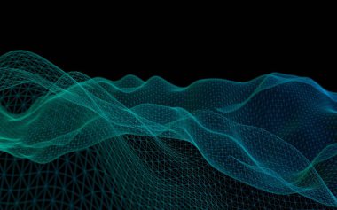 Siyah bir arka plan üzerinde soyut yeşil manzara. Siber uzay şebekesi. merhaba teknoloji ağı. Alan derinliği. 3d illüstrasyon