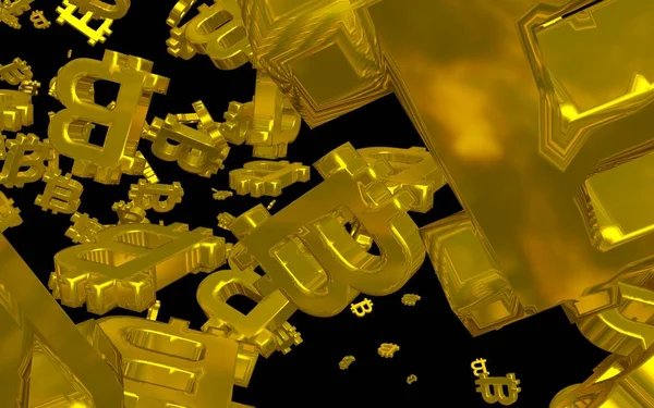 Símbolo de moneda digital Bitcoin sobre un fondo oscuro. Caída de Bitcoin. cripto gráfico de moneda en la pantalla virtual. Concepto de negocio, finanzas y tecnología. Ilustración 3D —  Fotos de Stock