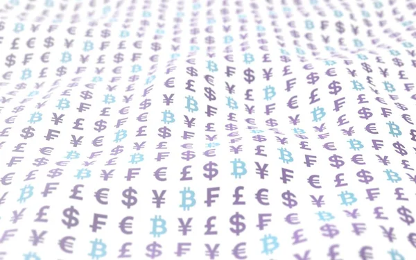 Bitcoin e moeda em um fundo branco. Símbolo de moeda criptomoeda digital. Efeito de onda, flutuações do mercado monetário. Conceito de negócio. Ilustração 3D — Fotografia de Stock