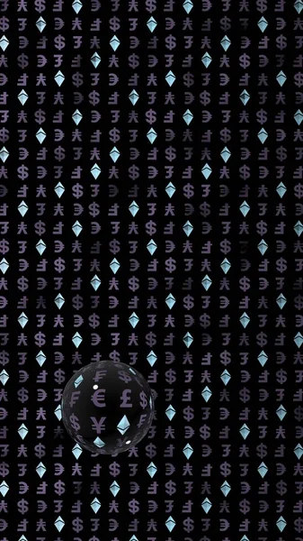 Ефірний кристал і валюта на темному тлі. Цифровий символ криптовалюти. Бізнес-концепція. Ринковий дисплей. 3D ілюстрація — стокове фото