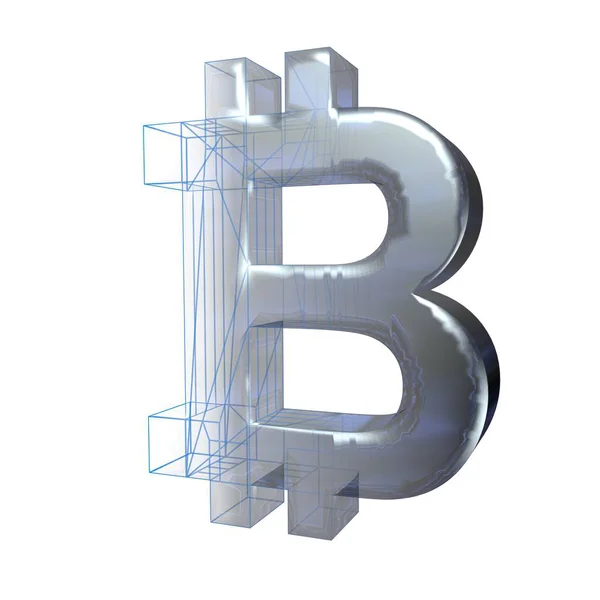 Bitcoin-Zeichen, Platin oder Silber verwandelt sich in ein blaues Gitter auf weißem Hintergrund. 3D-Illustration — Stockfoto