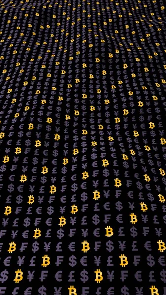 Bitcoin und Währung auf dunklem Hintergrund. Symbol für die digitale Kryptowährung. Welleneffekt, Währungsmarktschwankungen. Geschäftskonzept. 3D-Illustration — Stockfoto