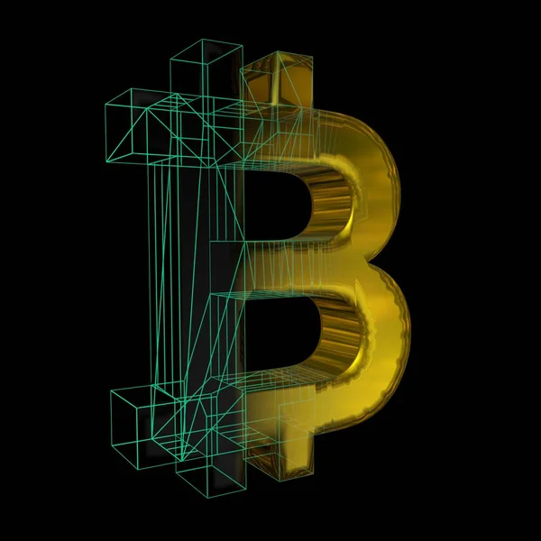 Signo de Bitcoin, la cuadrícula verde se convierte en oro sobre un fondo negro. Ilustración 3D — Foto de Stock