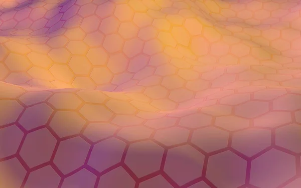 Favo colorato a nido d'ape con un colore sfumato su uno sfondo chiaro. Vista prospettiva sul poligono assomigliare a nido d'ape. La superficie ondulata. Geometria isometrica. Illustrazione 3D — Foto Stock