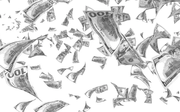 Billetes de dólares voladores aislados sobre fondo blanco. El dinero vuela en el aire. 100 billetes de Estados Unidos nueva muestra. Estilo blanco y negro. Ilustración 3D —  Fotos de Stock