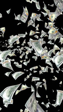 Dolar banknotlar uçan koyu arka plan üzerinde izole. Para havada uçuyor. 100 ABD banknotlar yeni örnek. 3D çizim