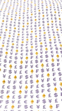 Beyaz arka planda klasik ve para birimi. Dijital şifreleme sembolü. Para dalgası etkisi, piyasa dalgalanmaları. İş konsepti. 3B illüstrasyon