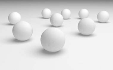 Beyaz soyut arka plan. Beyaz toplar beyaz arka planda izole edilmiş. 3B illüstrasyon