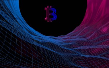 Soyut karanlık arka planda dijital para birimi sembolü Bitcoin. Kripto para piyasasının büyümesi. İş, finans ve teknoloji konsepti. 3d illüstrasyon