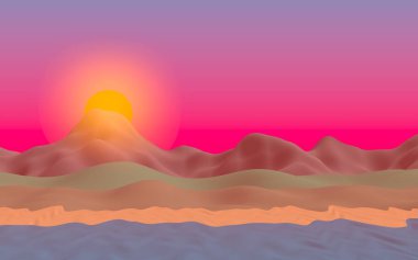 Sun Sea Beach. Sunrise. Sahilde dalgalarla okyanus kıyısı. Dalgalar ile Ada plaj cenneti. Tatil, yaz, rahatlama. Deniz manzarası, deniz kıyısı. Minimalist manzara, ilkellik. 3d illüstrasyon