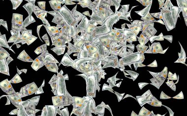 Dolar banknotlar uçan koyu arka plan üzerinde izole. Para havada uçuyor. 100 ABD banknotlar yeni örnek. 3D çizim
