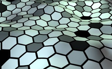 Değişken renkte bir bal peteği. Çokgenin perspektif görüntüsü bal peteğine benziyor. Dalgalı yüzey. İzometrik geometri. 3B illüstrasyon