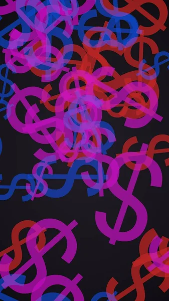 Wielokolorowe półprzezroczyste znaki dolara na ciemnym tle. Czerwone tony. ilustracja 3D — Zdjęcie stockowe