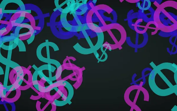 Signos de dólar translúcidos multicolores sobre fondo oscuro. Tonos rojos. Ilustración 3D — Foto de Stock