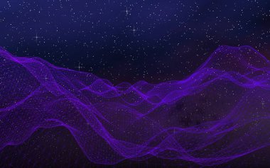 Karanlık bir arka planda soyut ultraviyole manzara. Mor siber uzay şebekesi. Merhaba teknoloji ağı. Uzay boşluğu. Mor yıldızlı uzay dokusu. 3B illüstrasyon