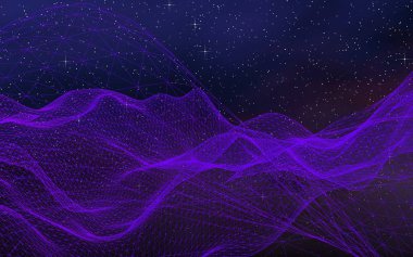 Karanlık bir arka planda soyut ultraviyole manzara. Mor siber uzay şebekesi. Merhaba teknoloji ağı. Uzay boşluğu. Mor yıldızlı uzay dokusu. 3B illüstrasyon