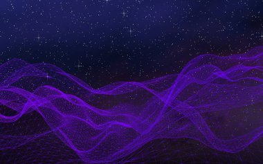 Karanlık bir arka planda soyut ultraviyole manzara. Mor siber uzay şebekesi. Merhaba teknoloji ağı. Uzay boşluğu. Mor yıldızlı uzay dokusu. 3B illüstrasyon