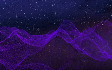 Karanlık bir arka planda soyut ultraviyole manzara. Mor siber uzay şebekesi. Merhaba teknoloji ağı. Uzay boşluğu. Mor yıldızlı uzay dokusu. 3B illüstrasyon