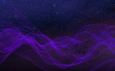 Karanlık bir arka planda soyut ultraviyole manzara. Mor siber uzay şebekesi. Merhaba teknoloji ağı. Uzay boşluğu. Mor yıldızlı uzay dokusu. 3B illüstrasyon