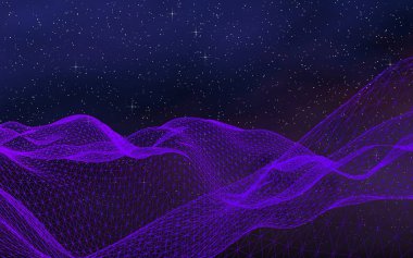 Karanlık bir arka planda soyut ultraviyole manzara. Mor siber uzay şebekesi. Merhaba teknoloji ağı. Uzay boşluğu. Mor yıldızlı uzay dokusu. 3B illüstrasyon