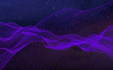 Karanlık bir arka planda soyut ultraviyole manzara. Mor siber uzay şebekesi. Merhaba teknoloji ağı. Uzay boşluğu. Mor yıldızlı uzay dokusu. 3B illüstrasyon