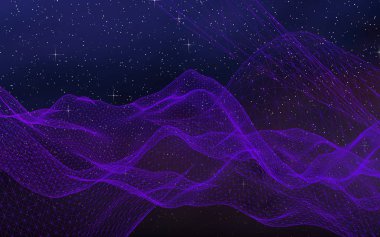 Karanlık bir arka planda soyut ultraviyole manzara. Mor siber uzay şebekesi. Merhaba teknoloji ağı. Uzay boşluğu. Mor yıldızlı uzay dokusu. 3B illüstrasyon