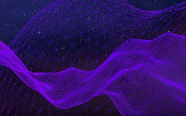 Karanlık bir arka planda soyut ultraviyole manzara. Mor siber uzay şebekesi. Merhaba teknoloji ağı. Uzay boşluğu. Mor yıldızlı uzay dokusu. 3B illüstrasyon