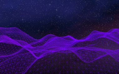 Karanlık bir arka planda soyut ultraviyole manzara. Mor siber uzay şebekesi. Merhaba teknoloji ağı. Uzay boşluğu. Mor yıldızlı uzay dokusu. 3B illüstrasyon