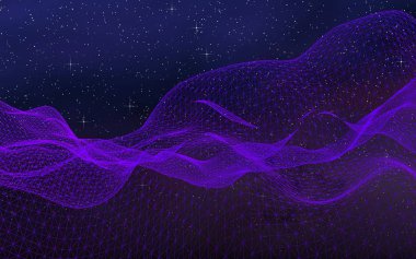 Karanlık bir arka planda soyut ultraviyole manzara. Mor siber uzay şebekesi. Merhaba teknoloji ağı. Uzay boşluğu. Mor yıldızlı uzay dokusu. 3B illüstrasyon