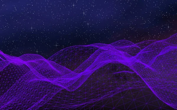 Abstract ultraviolet landscape on a dark background. Purple cyberspace grid. hi tech network. Outer space. Violet starry outer space texture. 3D illustration — Stock Photo, Image