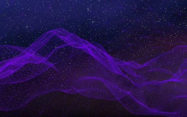 Абстрактный ультрафиолетовый пейзаж на тёмном фоне. Фиолетовая сеть киберпространства. hi-tech сеть. Космическое пространство. Фиолетовая звездная текстура космоса. 3D иллюстрация — стоковое фото