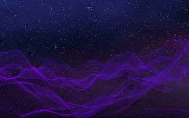 Karanlık bir arka planda soyut ultraviyole manzara. Mor siber uzay şebekesi. Merhaba teknoloji ağı. Uzay boşluğu. Mor yıldızlı uzay dokusu. 3B illüstrasyon