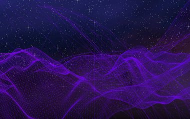 Karanlık bir arka planda soyut ultraviyole manzara. Mor siber uzay şebekesi. Merhaba teknoloji ağı. Uzay boşluğu. Mor yıldızlı uzay dokusu. 3B illüstrasyon