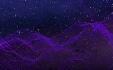 Karanlık bir arka planda soyut ultraviyole manzara. Mor siber uzay şebekesi. Merhaba teknoloji ağı. Uzay boşluğu. Mor yıldızlı uzay dokusu. 3B illüstrasyon