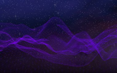 Karanlık bir arka planda soyut ultraviyole manzara. Mor siber uzay şebekesi. Merhaba teknoloji ağı. Uzay boşluğu. Mor yıldızlı uzay dokusu. 3B illüstrasyon