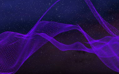 Karanlık bir arka planda soyut ultraviyole manzara. Mor siber uzay şebekesi. Merhaba teknoloji ağı. Uzay boşluğu. Mor yıldızlı uzay dokusu. 3B illüstrasyon