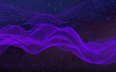 Karanlık bir arka planda soyut ultraviyole manzara. Mor siber uzay şebekesi. Merhaba teknoloji ağı. Uzay boşluğu. Mor yıldızlı uzay dokusu. 3B illüstrasyon