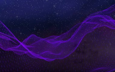 Karanlık bir arka planda soyut ultraviyole manzara. Mor siber uzay şebekesi. Merhaba teknoloji ağı. Uzay boşluğu. Mor yıldızlı uzay dokusu. 3B illüstrasyon