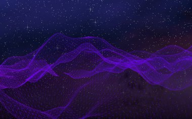 Karanlık bir arka planda soyut ultraviyole manzara. Mor siber uzay şebekesi. Merhaba teknoloji ağı. Uzay boşluğu. Mor yıldızlı uzay dokusu. 3B illüstrasyon