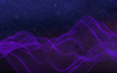 Karanlık bir arka planda soyut ultraviyole manzara. Mor siber uzay şebekesi. Merhaba teknoloji ağı. Uzay boşluğu. Mor yıldızlı uzay dokusu. 3B illüstrasyon