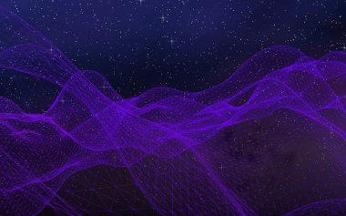 Karanlık bir arka planda soyut ultraviyole manzara. Mor siber uzay şebekesi. Merhaba teknoloji ağı. Uzay boşluğu. Mor yıldızlı uzay dokusu. 3B illüstrasyon