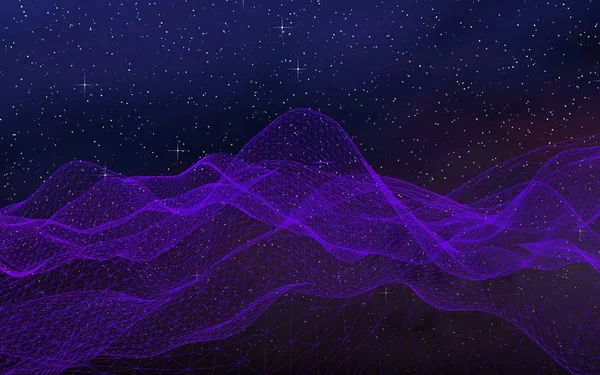 Abstract ultraviolet landscape on a dark background. Purple cyberspace grid. hi tech network. Outer space. Violet starry outer space texture. 3D illustration — Stock Photo, Image