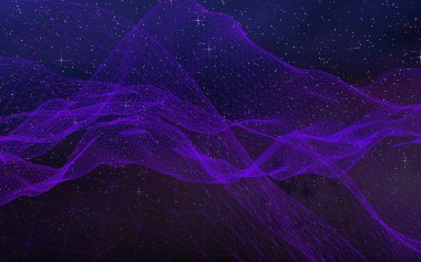 Karanlık bir arka planda soyut ultraviyole manzara. Mor siber uzay şebekesi. Merhaba teknoloji ağı. Uzay boşluğu. Mor yıldızlı uzay dokusu. 3B illüstrasyon