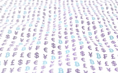 Beyaz arka planda Bitcoin ve para birimi. Dijital kripto para birimi sembolü. Dalga etkisi, döviz piyasası dalgalanmaları. İş konsepti. 3B illüstrasyon