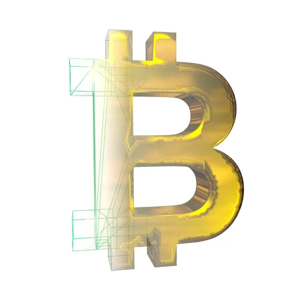 Bitcoin-Zeichen, das grüne Gitter verwandelt sich in Gold auf weißem Hintergrund. 3D-Illustration — Stockfoto